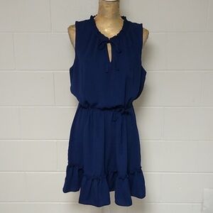 IZ BYER NAVY RUFFLE NECKLINE, SLEEVELESS, SHIRT WAIST DRESS